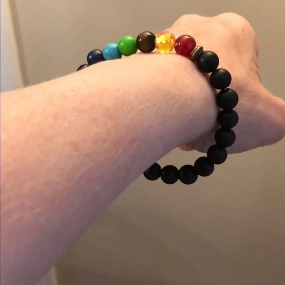 Chakra & Black Bead Rainbow Stretch Bracelet